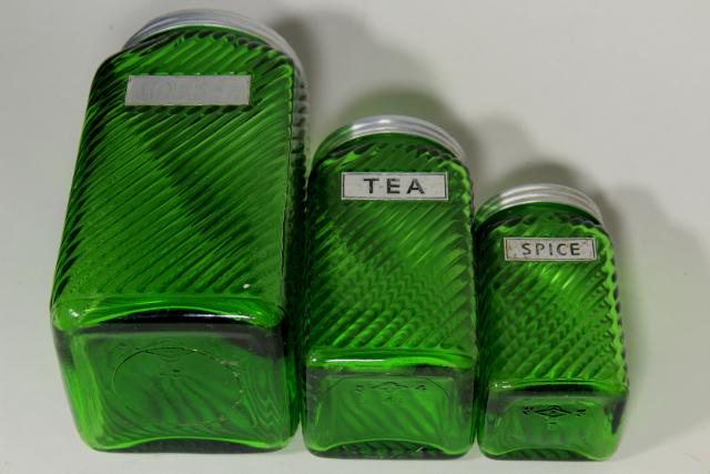 photo of vintage green glass hoosier pantry jars, Owens Illinois kitchen canisters #10