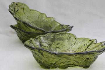 catalog photo of vintage green glass loganberry pattern bowls, berry or fruit serving bowls