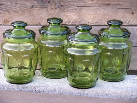 photo of vintage green glass melon shape canister jars, kitchen canister set #1
