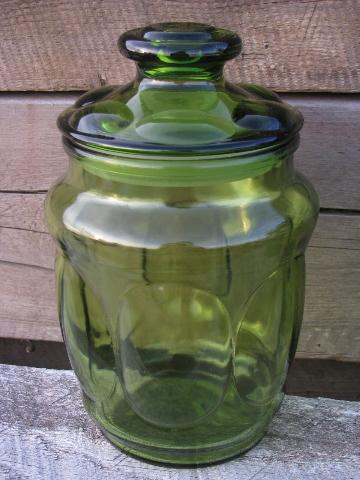photo of vintage green glass melon shape canister jars, kitchen canister set #2