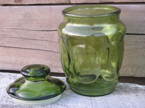 photo of vintage green glass melon shape canister jars, kitchen canister set #3