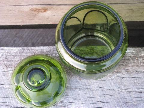 photo of vintage green glass melon shape canister jars, kitchen canister set #4