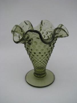 catalog photo of vintage green glass ruffled hobnail pattern Fenton vase