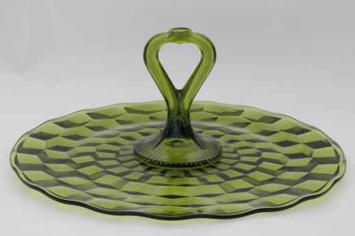 photo of vintage green glass sandwich plate, Whitehall Indiana cube pattern serving tray with center handle #1