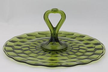 catalog photo of vintage green glass sandwich plate, Whitehall Indiana cube pattern serving tray with center handle