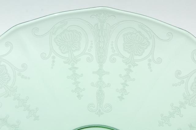 photo of vintage green glass serving tray, sandwich or cake plate w/ center handle, Fostoria Vernon etch #5