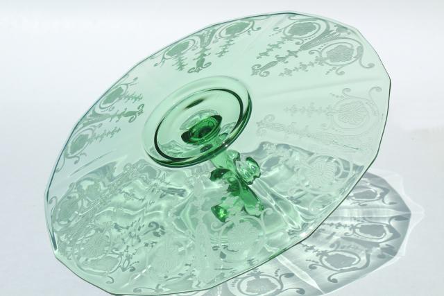 photo of vintage green glass serving tray, sandwich or cake plate w/ center handle, Fostoria Vernon etch #7