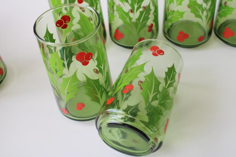 photo of vintage green glass tumblers w/ Christmas holly, retro glassware for holiday table / bar #3