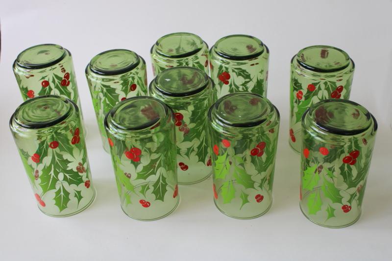 photo of vintage green glass tumblers w/ Christmas holly, retro glassware for holiday table / bar #4