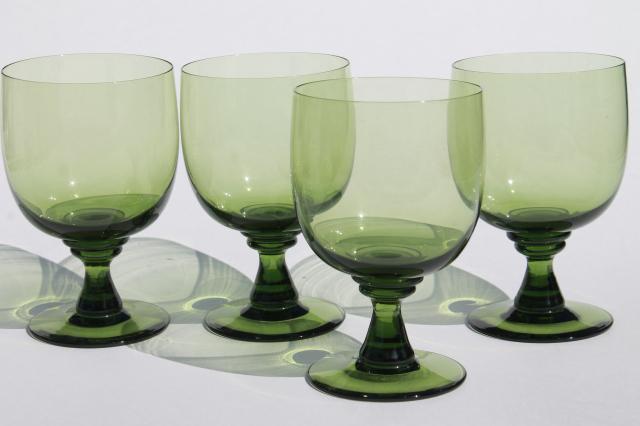 photo of vintage green glass water goblets or large wine glasses, moss olive avocado green #1