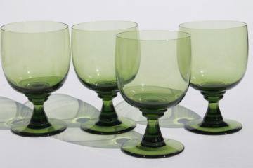 catalog photo of vintage green glass water goblets or large wine glasses, moss olive avocado green