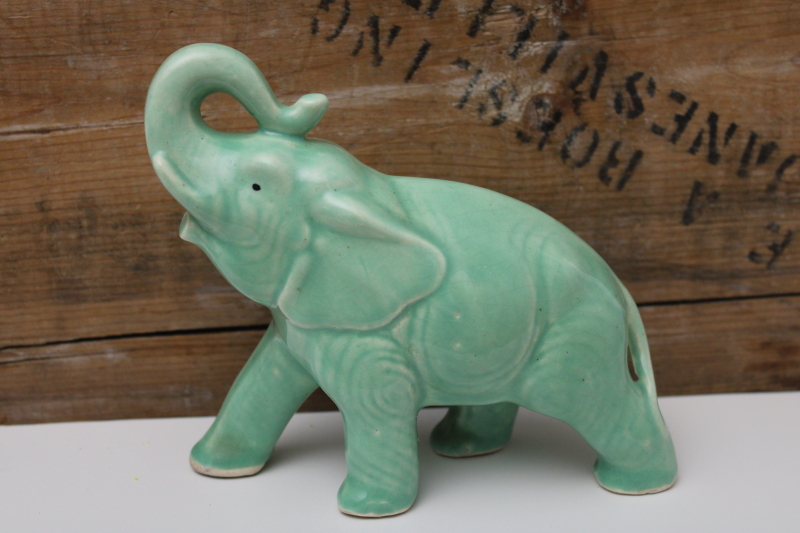 photo of vintage green glaze ceramic elephant trunk up lucky figurine, mid-century USA pottery #1