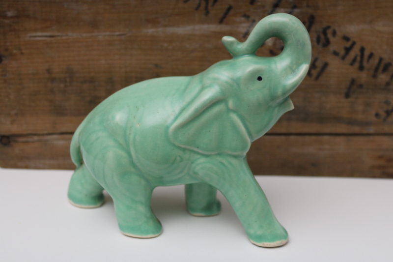 photo of vintage green glaze ceramic elephant trunk up lucky figurine, mid-century USA pottery #3