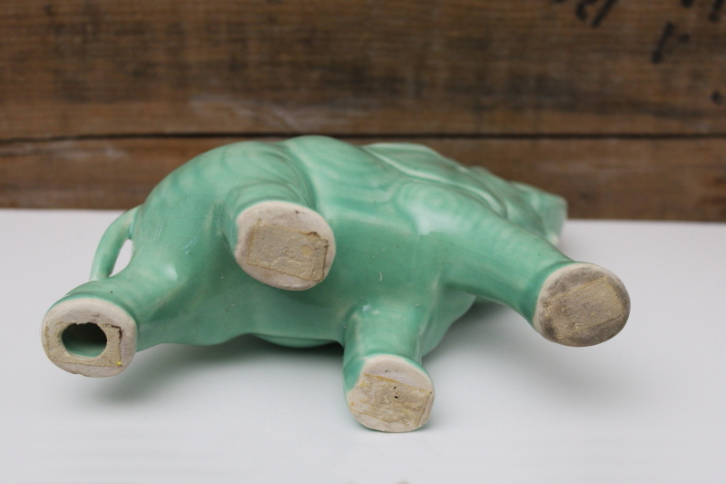 photo of vintage green glaze ceramic elephant trunk up lucky figurine, mid-century USA pottery #5
