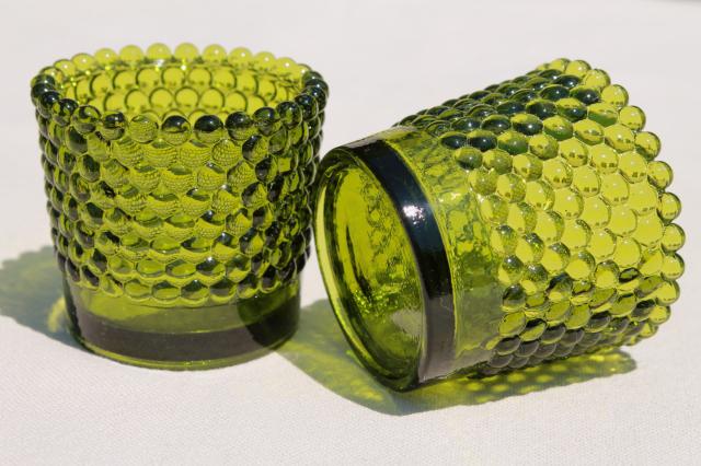 photo of vintage green hobnail glass tea light candle cups, votive holders for individual table settings #4