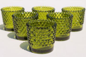 catalog photo of vintage green hobnail glass tea light candle cups, votive holders for individual table settings 