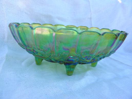 photo of vintage green iridescent carnival glass fruit bowl, Indiana garland #3