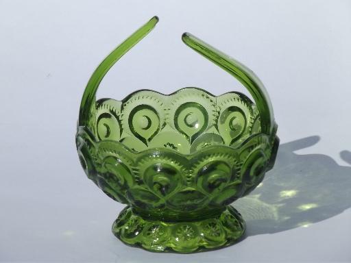 photo of vintage green moon and stars pattern pressed glass basket, brides flower basket #1