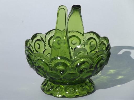 photo of vintage green moon and stars pattern pressed glass basket, brides flower basket #2