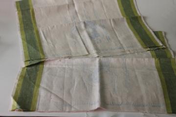 catalog photo of vintage green stripe pure linen tea towels stamped for embroidery, french country kitchen 