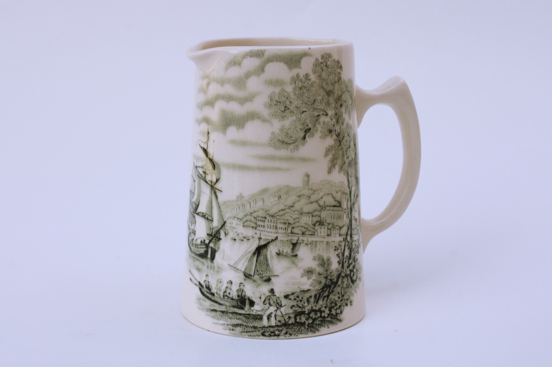 photo of vintage green transferware, small pitcher Safe Harbour Royal Staffordshire tall ships in harbor #1