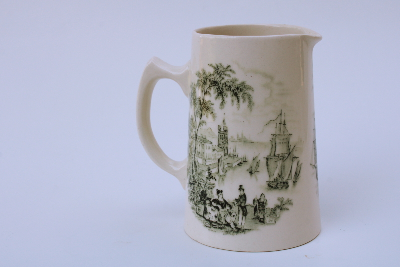 photo of vintage green transferware, small pitcher Safe Harbour Royal Staffordshire tall ships in harbor #2