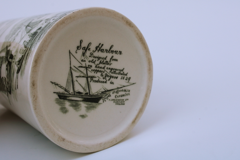 photo of vintage green transferware, small pitcher Safe Harbour Royal Staffordshire tall ships in harbor #4