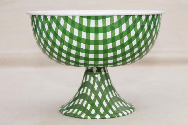 photo of vintage green & white checked gingham tin candy dish or flower bowl, litho print metal #1