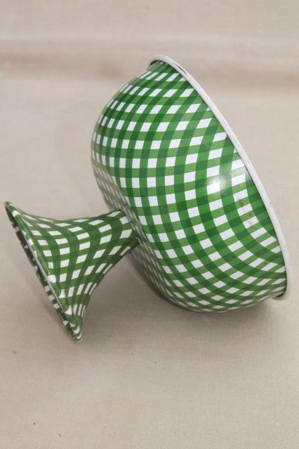 photo of vintage green & white checked gingham tin candy dish or flower bowl, litho print metal #4
