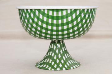 catalog photo of vintage green & white checked gingham tin candy dish or flower bowl, litho print metal