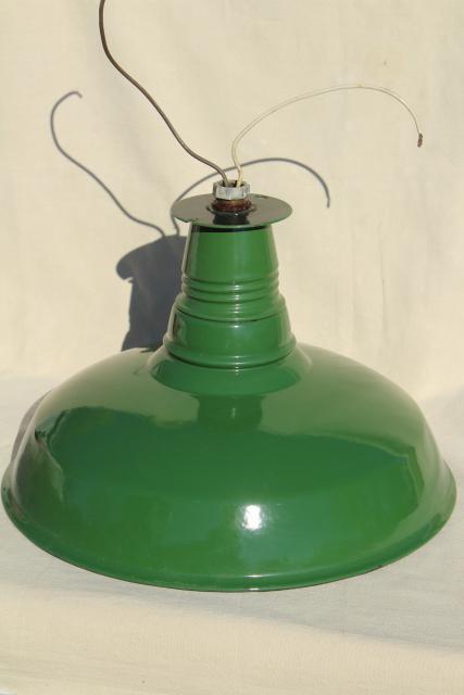 photo of vintage green & white enamel ware gas station light, Goodrich industrial lamp shade #1