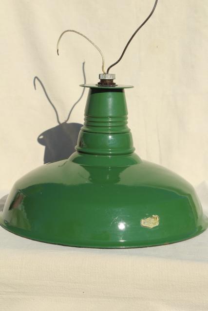 photo of vintage green & white enamel ware gas station light, Goodrich industrial lamp shade #5