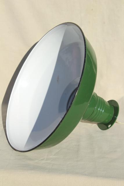 photo of vintage green & white enamel ware gas station light, Goodrich industrial lamp shade #8