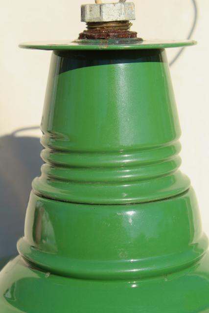 photo of vintage green & white enamel ware gas station light, Goodrich industrial lamp shade #12