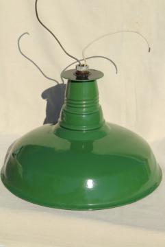 catalog photo of vintage green & white enamel ware gas station light, Goodrich industrial lamp shade