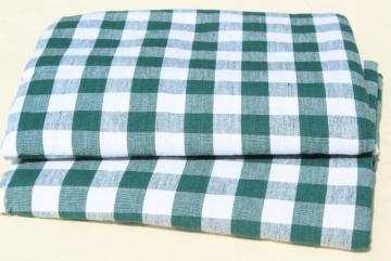 catalog photo of vintage green & white gingham checked cotton tablecloths, french country bistro kitchen