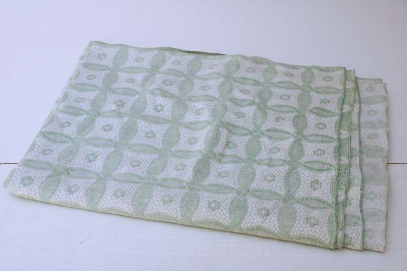 photo of vintage green & white summer weight cotton coverlet, shabby chic fabric for sewing projects  #1