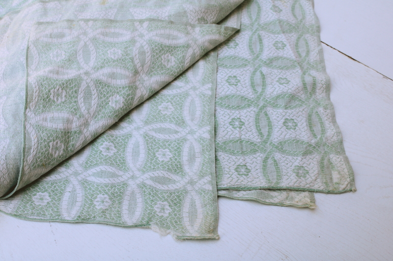 photo of vintage green & white summer weight cotton coverlet, shabby chic fabric for sewing projects  #2