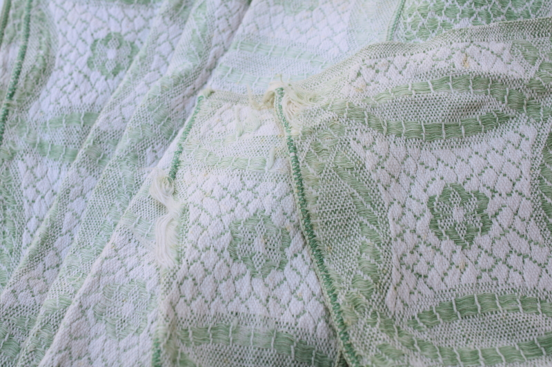 photo of vintage green & white summer weight cotton coverlet, shabby chic fabric for sewing projects  #3
