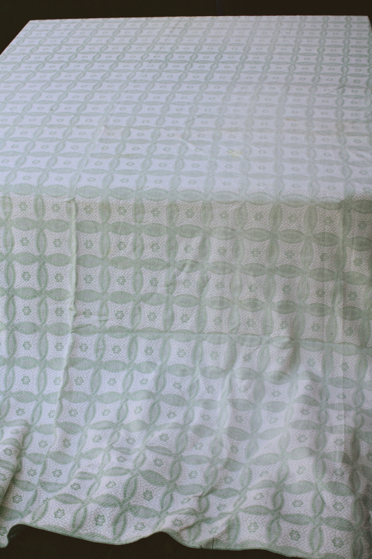photo of vintage green & white summer weight cotton coverlet, shabby chic fabric for sewing projects  #4