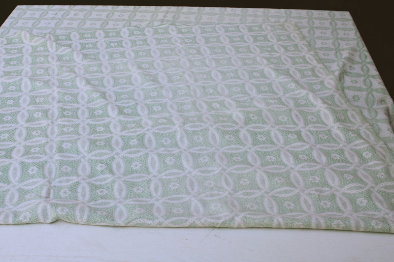 photo of vintage green & white summer weight cotton coverlet, shabby chic fabric for sewing projects  #6