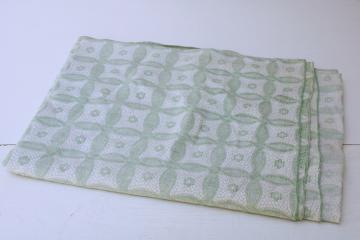 catalog photo of vintage green & white summer weight cotton coverlet, shabby chic fabric for sewing projects 