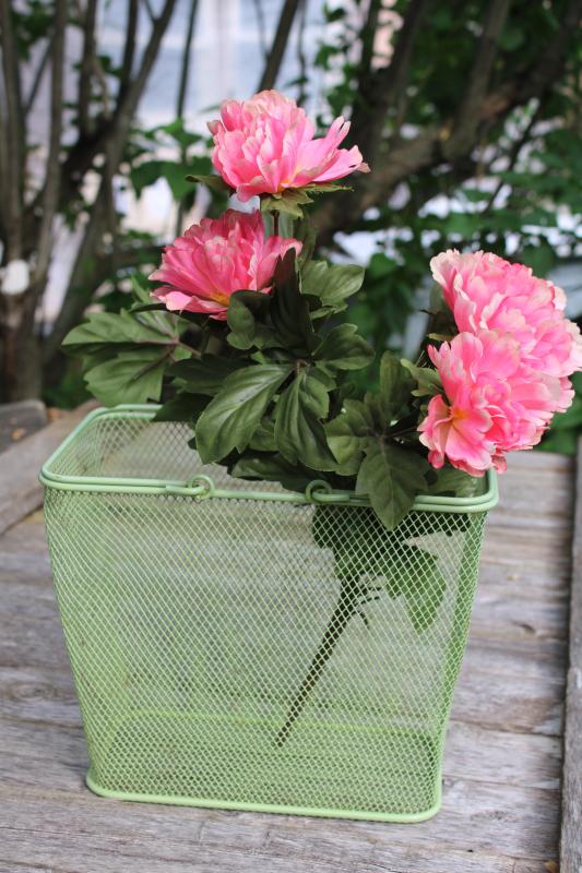 photo of vintage green wire basket, french country style tote for wine bottles or flowers #1