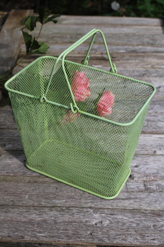 photo of vintage green wire basket, french country style tote for wine bottles or flowers #3