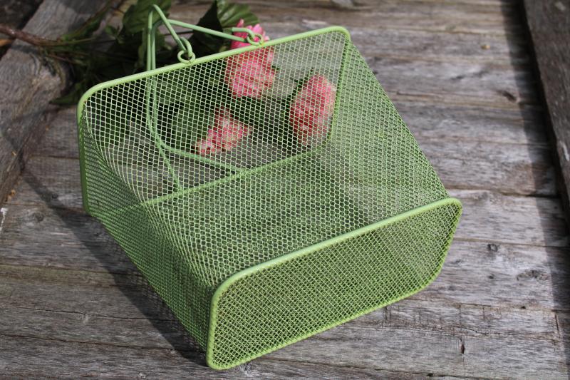 photo of vintage green wire basket, french country style tote for wine bottles or flowers #4