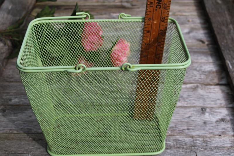 photo of vintage green wire basket, french country style tote for wine bottles or flowers #7