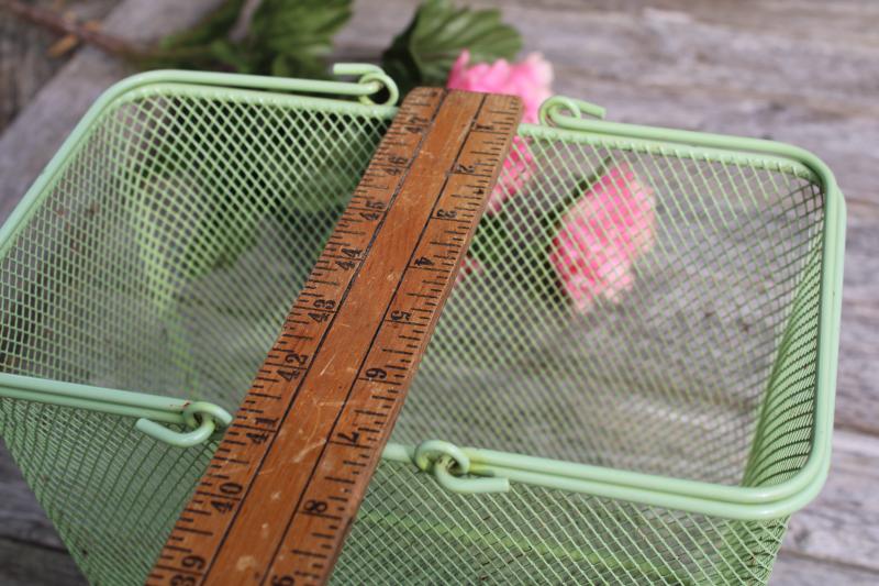 photo of vintage green wire basket, french country style tote for wine bottles or flowers #9