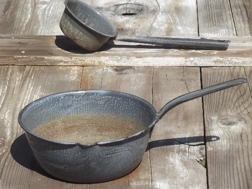 photo of vintage grey granite ware dipper ladle & pan, old camping enamelware  #2