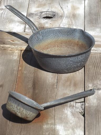 photo of vintage grey granite ware dipper ladle & pan, old camping enamelware  #3