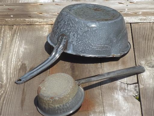photo of vintage grey granite ware dipper ladle & pan, old camping enamelware  #6